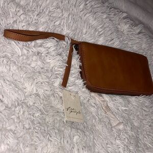 Free People Cognac Leather Wristlet with Strap